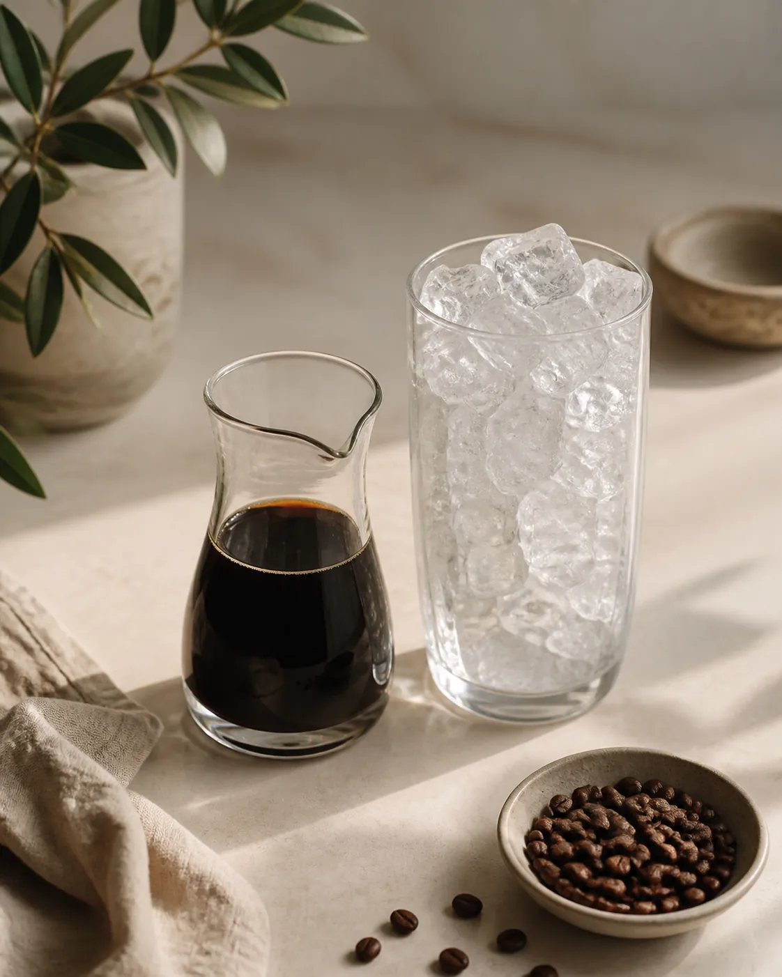 A small glass carafe of very dark concentrated coffee beside an empty tall glass packed to the rim with clear ice cubes