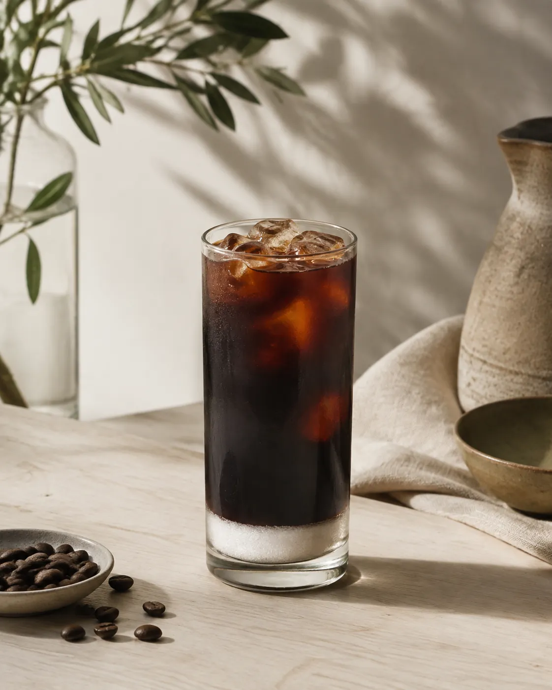 A tall glass of black iced coffee with a layer of undissolved white granulated sugar settled across the bottom