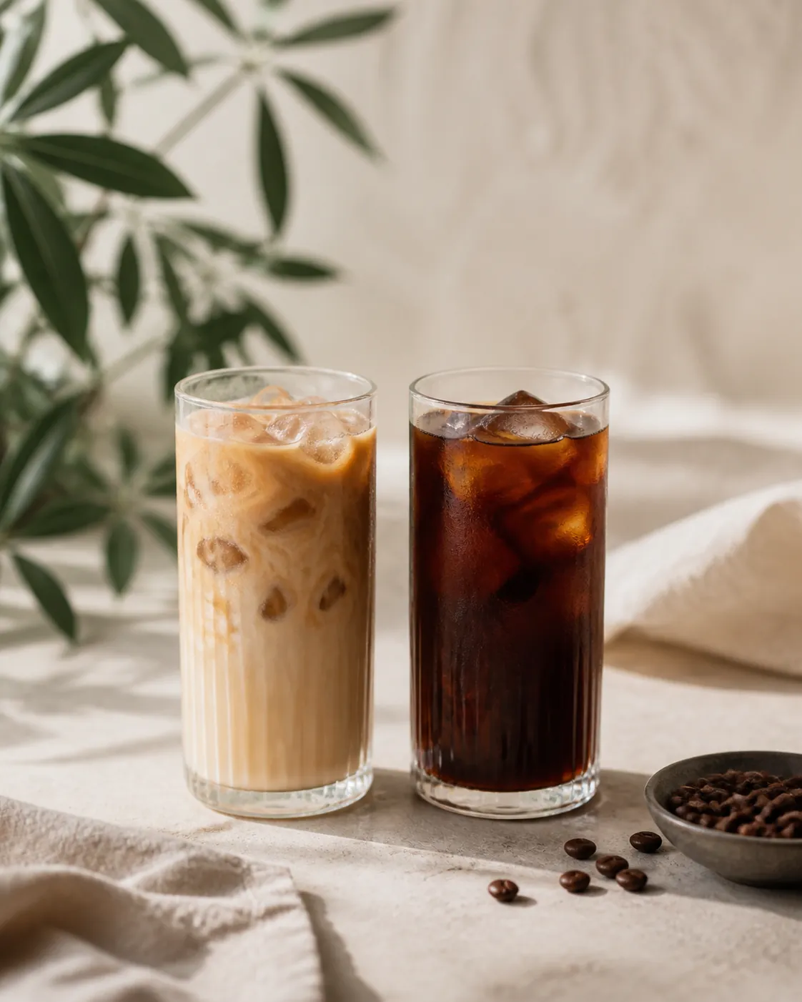 Two tall glasses of iced coffee side by side, the left paler with melting ice and the right darker and denser