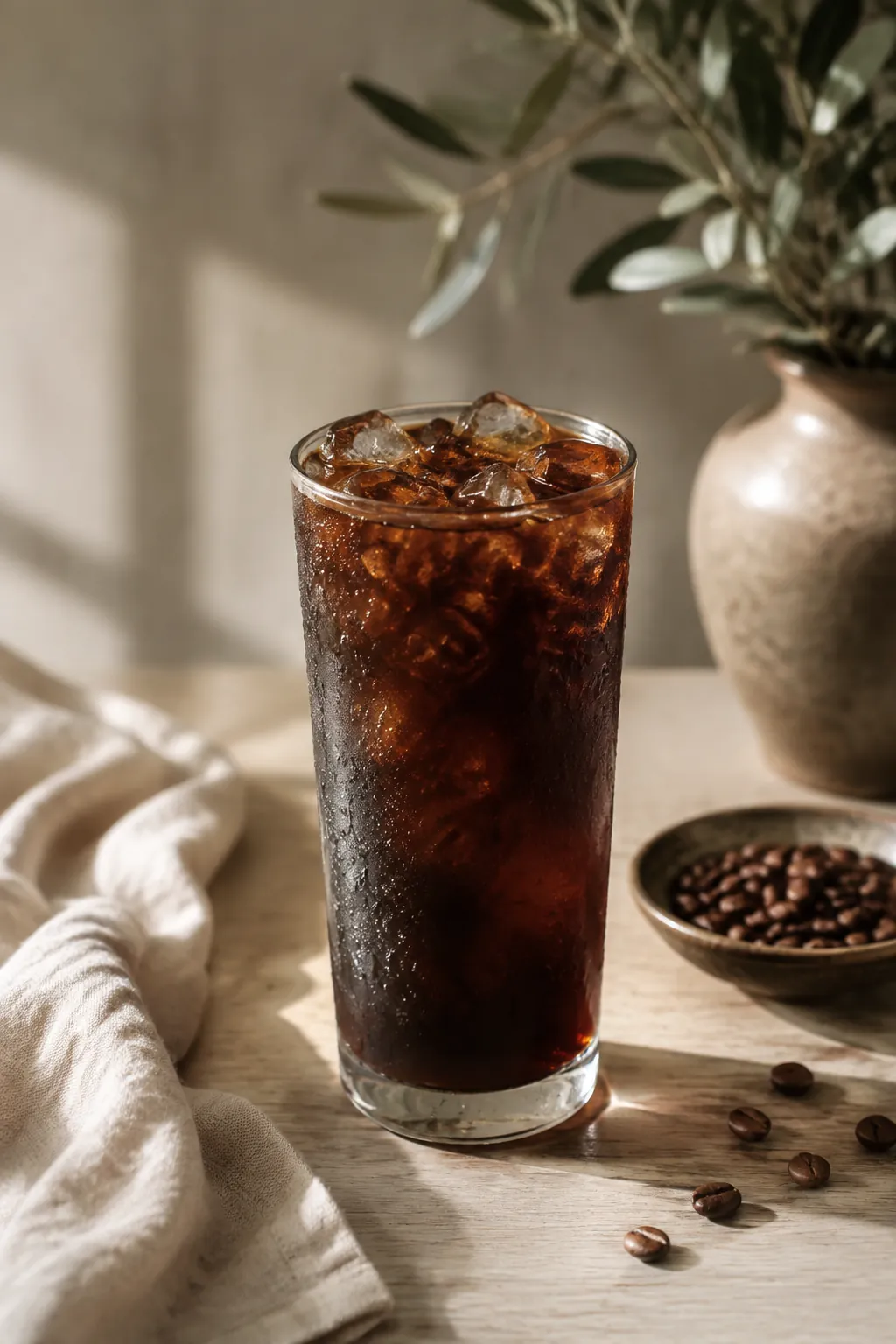 A tall glass of iced coffee filled to the top with clear ice cubes
