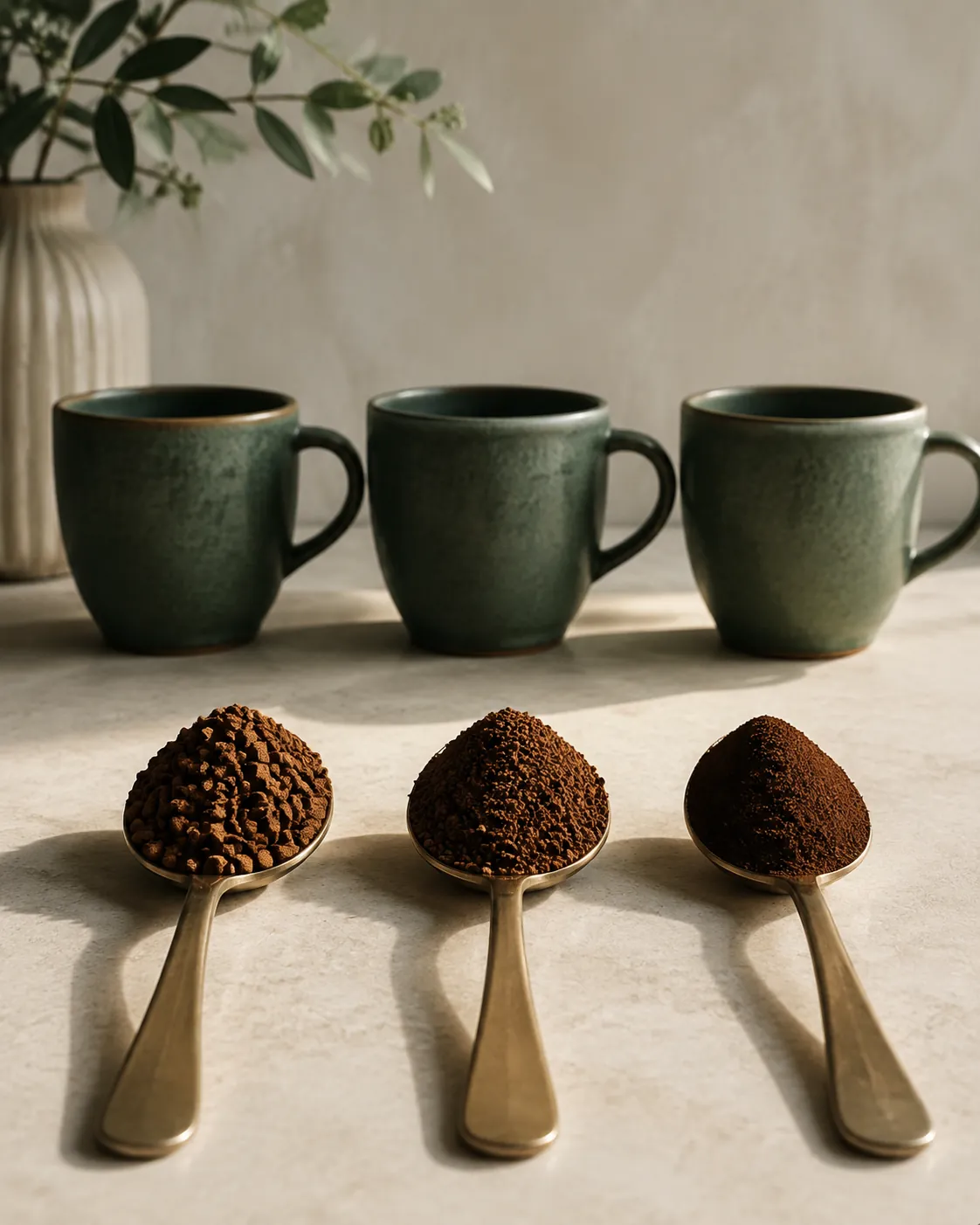 Three teaspoons holding visibly different heaps of dark coffee granules with three identical empty mugs behind them