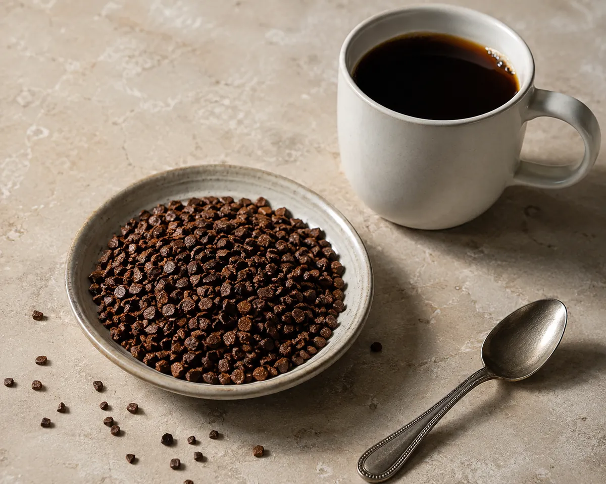 Freeze-dried instant coffee granules in a small dish beside a mug of black coffee