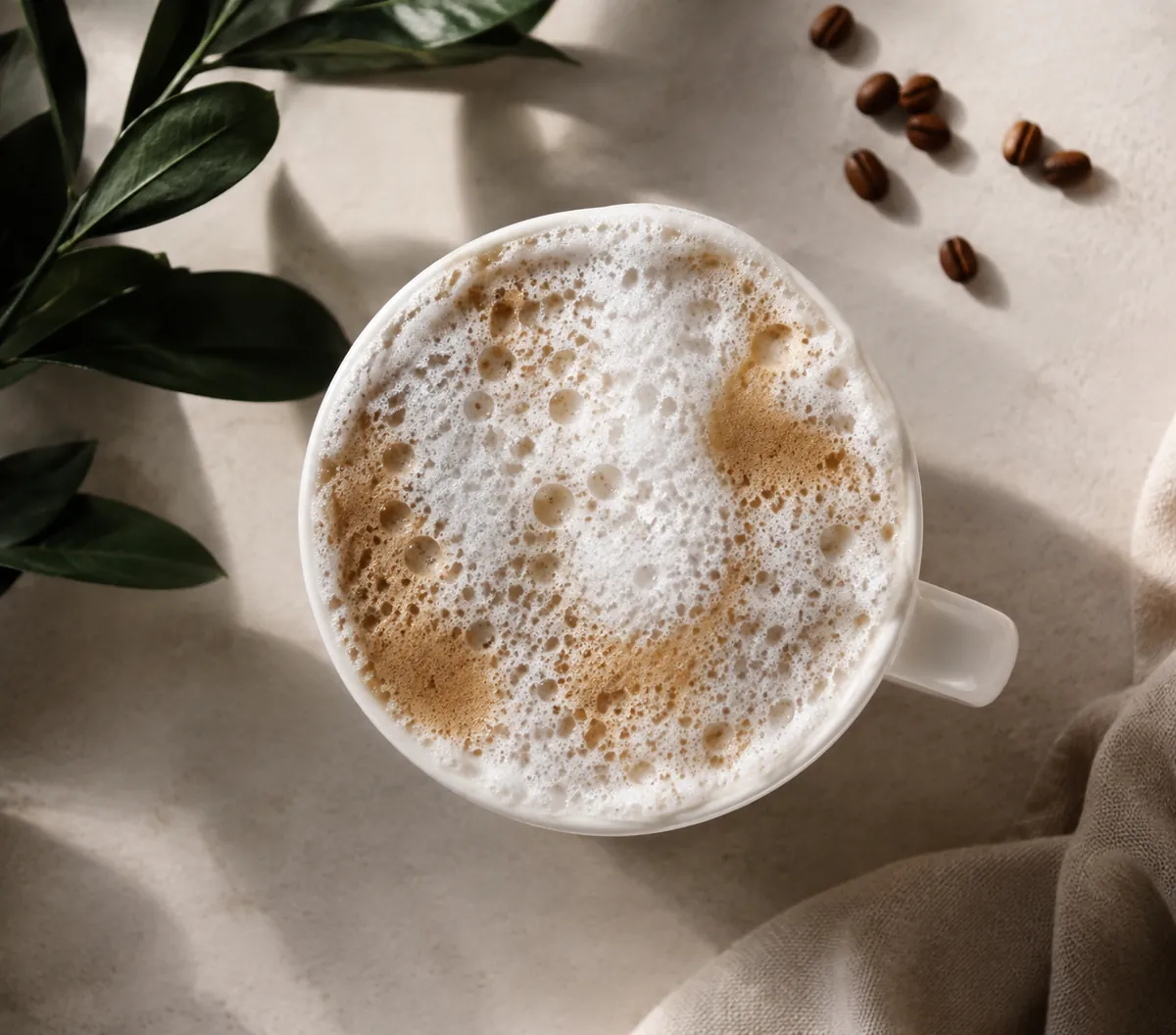 A cup of milk coffee with large uneven bubbles and a stiff dry cap of foam standing proud of the surface