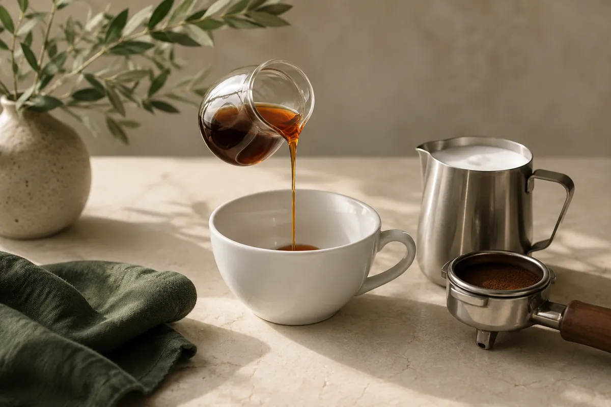 A small glass jug of amber syrup being poured into the base of an empty cup beside a full jug of steamed milk