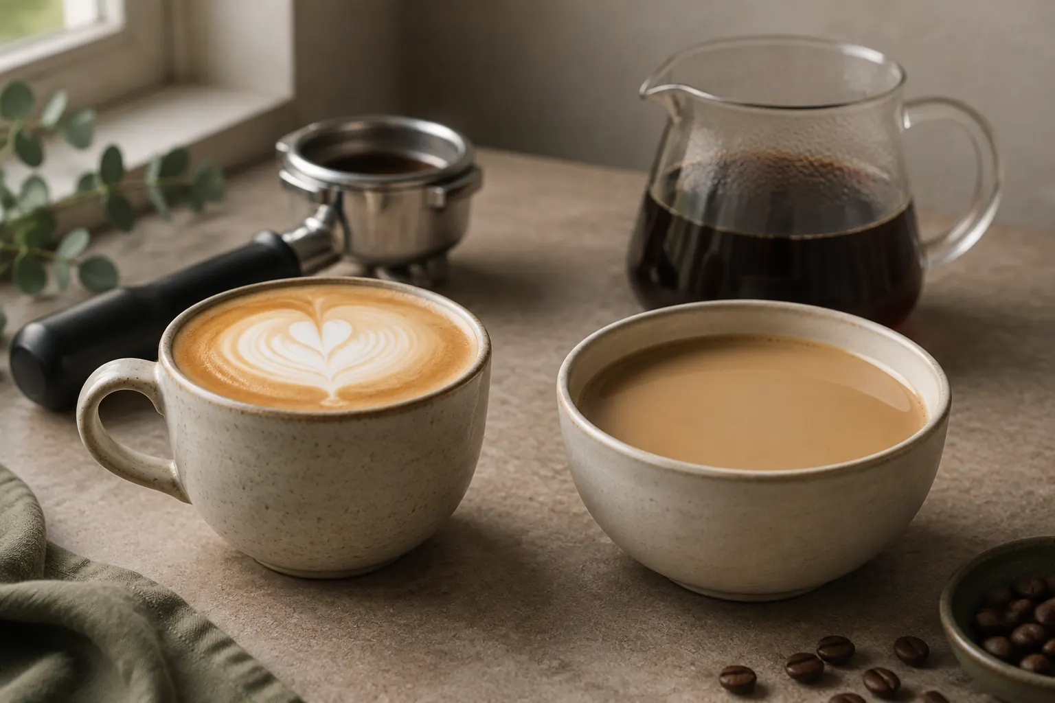 A ceramic latte with glossy microfoam beside a bowl of cafe au lait made with brewed coffee and hot milk, with their different coffee equipment behind them