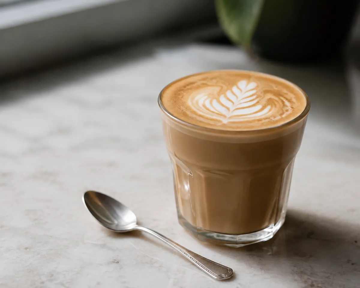 A latte in a glass showing the layered espresso and steamed milk with a thin foam cap
