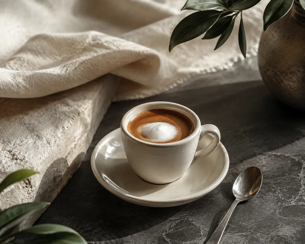 An espresso macchiato in a small cup with a single spot of foam
