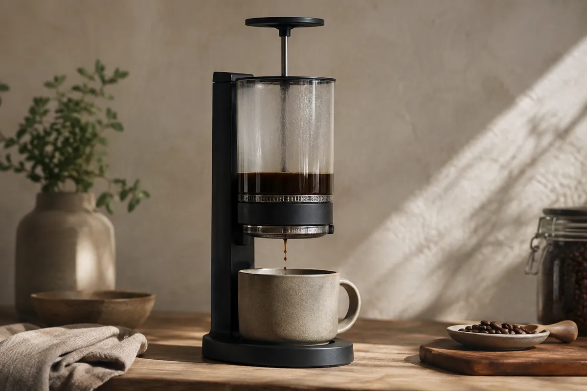 An AeroPress plunger moving straight down as the mug is steadied on a wooden counter