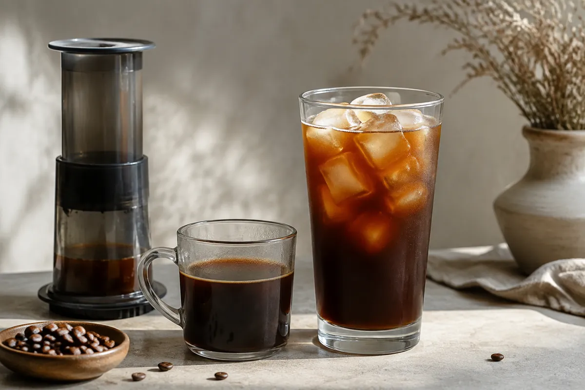 A short AeroPress concentrate, a full hot mug, and an iced AeroPress coffee showing three different final volumes