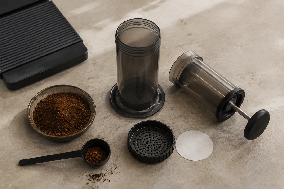 An upright AeroPress, measured coffee, paper filter, kettle, and sturdy mug arranged for brewing