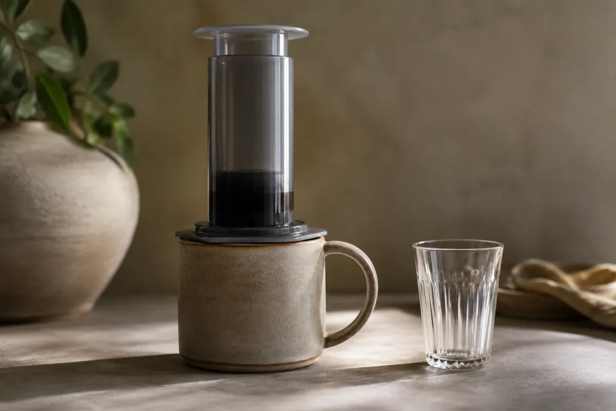 A correctly assembled upright AeroPress seated flat on a wide sturdy ceramic mug