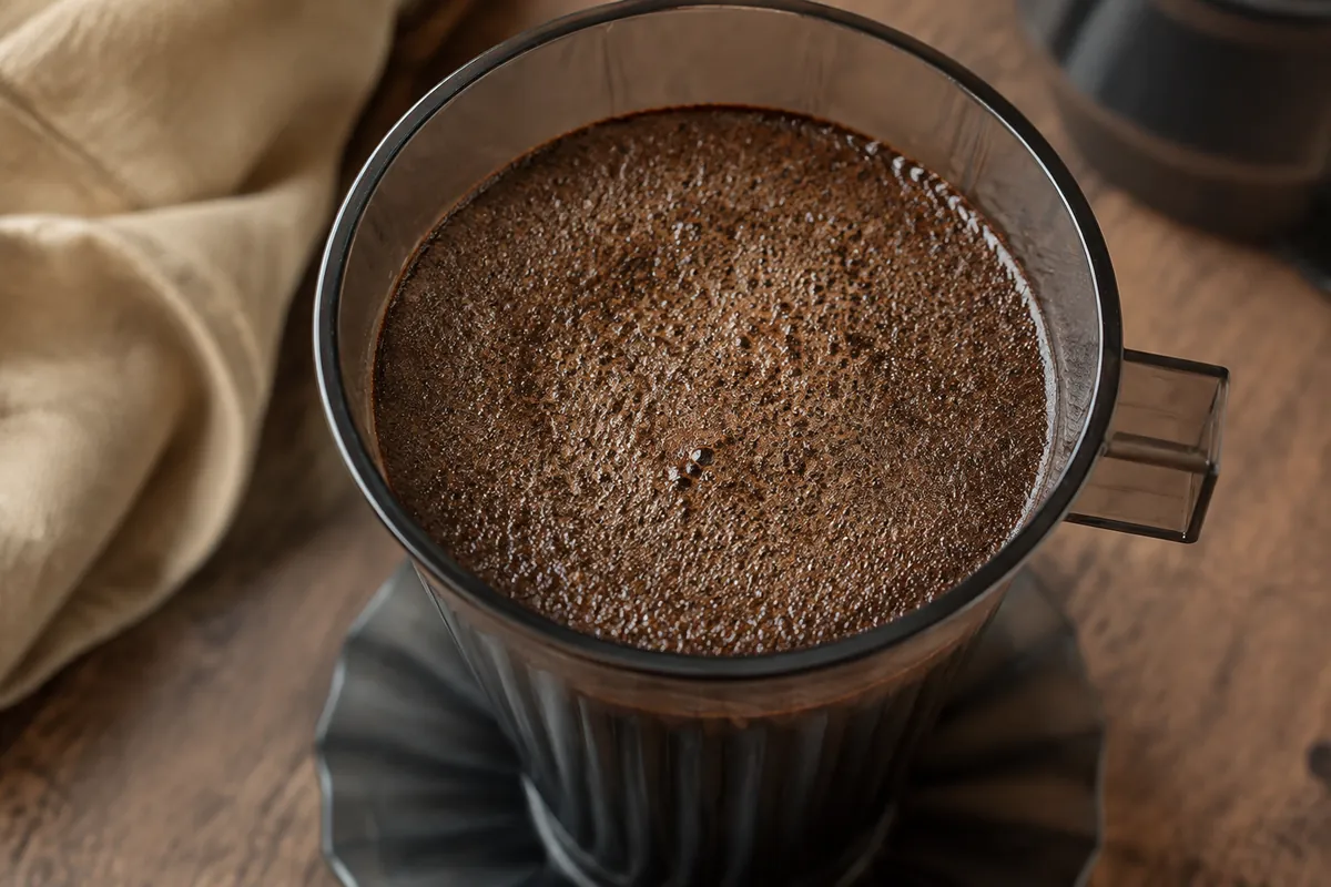 Hot water evenly wetting all the medium-fine coffee inside an upright transparent AeroPress chamber