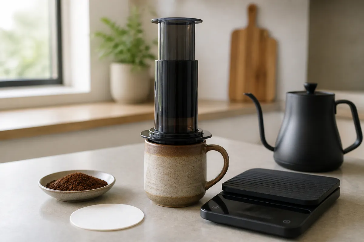 An upright cylindrical hand-pressure coffee brewer secured over a ceramic mug