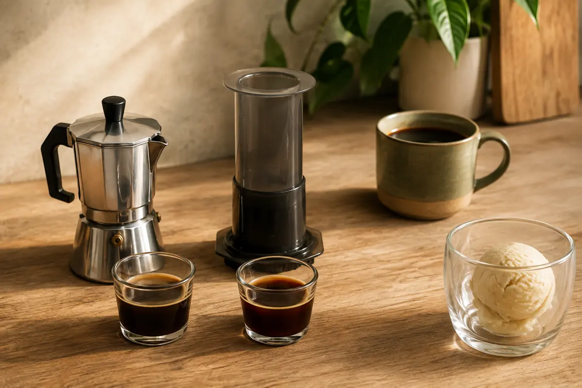 Small moka pot and AeroPress coffee servings beside a full filter-coffee mug and a firm vanilla scoop, comparing affogato coffee bases