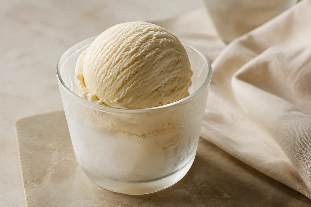 A firm scoop of vanilla ice cream holding sharp scoop ridges inside a small chilled glass