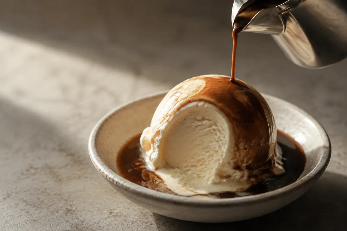 A fresh espresso stream landing on one side of a firm vanilla scoop in a chilled glass
