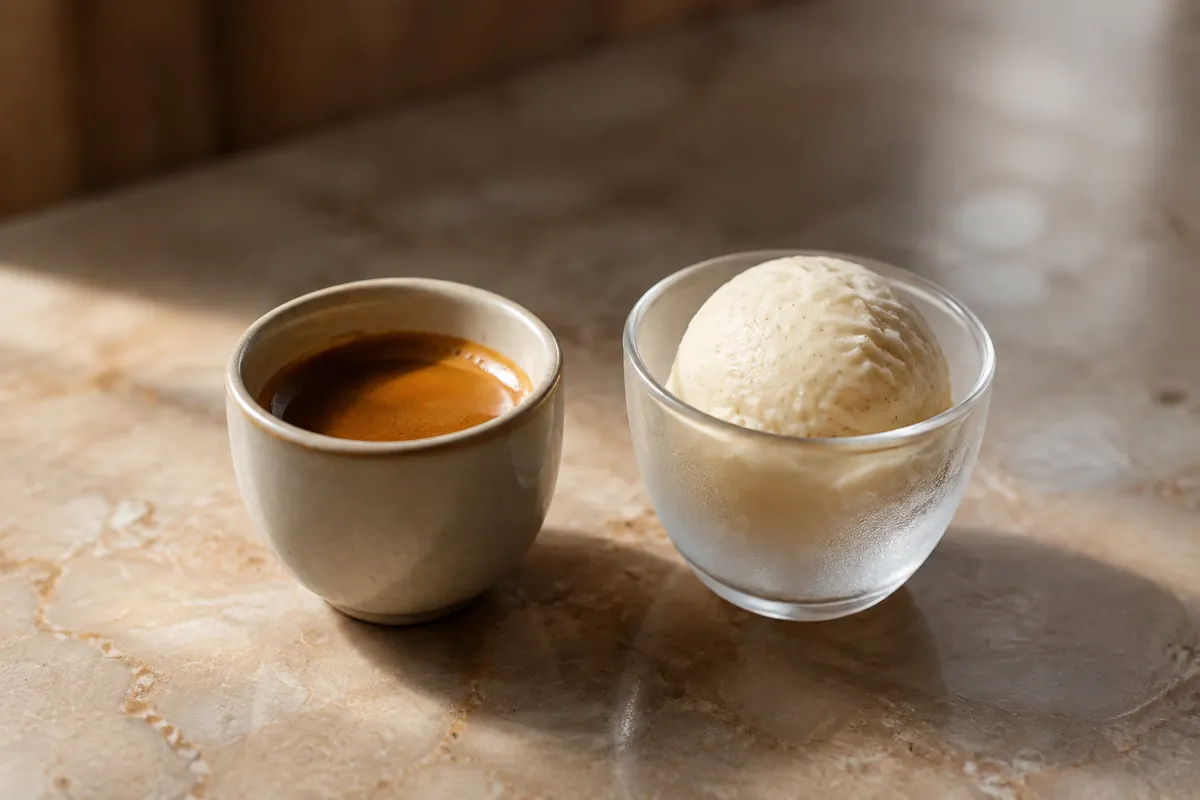One measured espresso beside a single firm scoop of vanilla ice cream in a small chilled glass