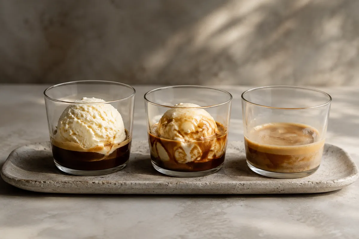 An affogato showing a frozen vanilla center, pale coffee-cream sauce, and dark espresso pool in one glass
