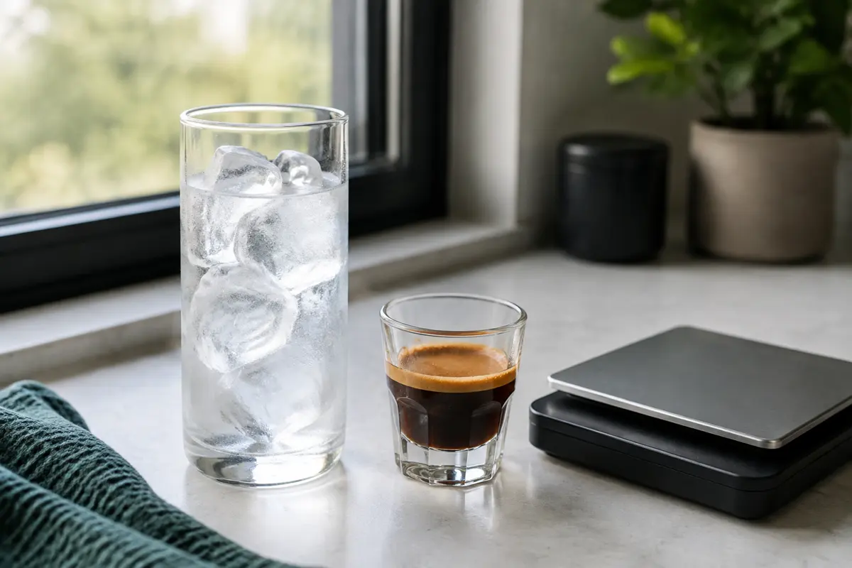 A tall glass of measured cold water and ice beside a fresh double espresso and a small scale for controlling iced Americano dilution