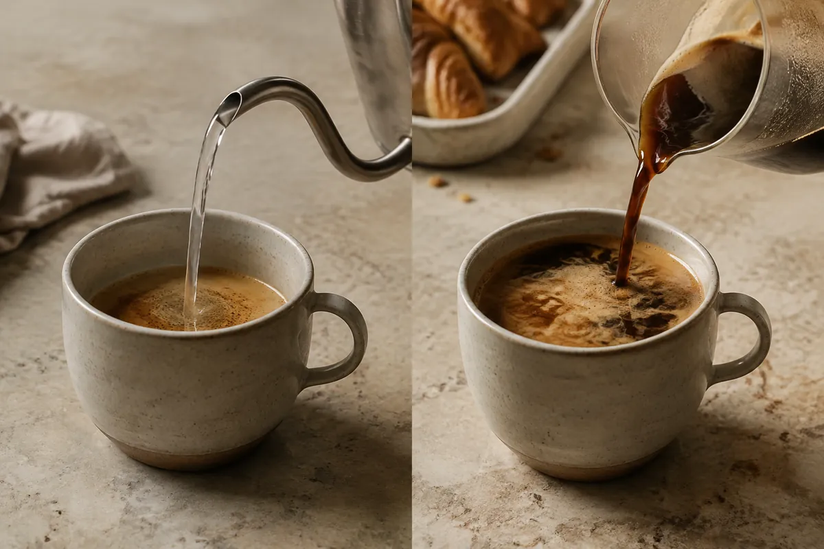 Two Americano cups showing espresso-first mixing and water-first foam retention side by side