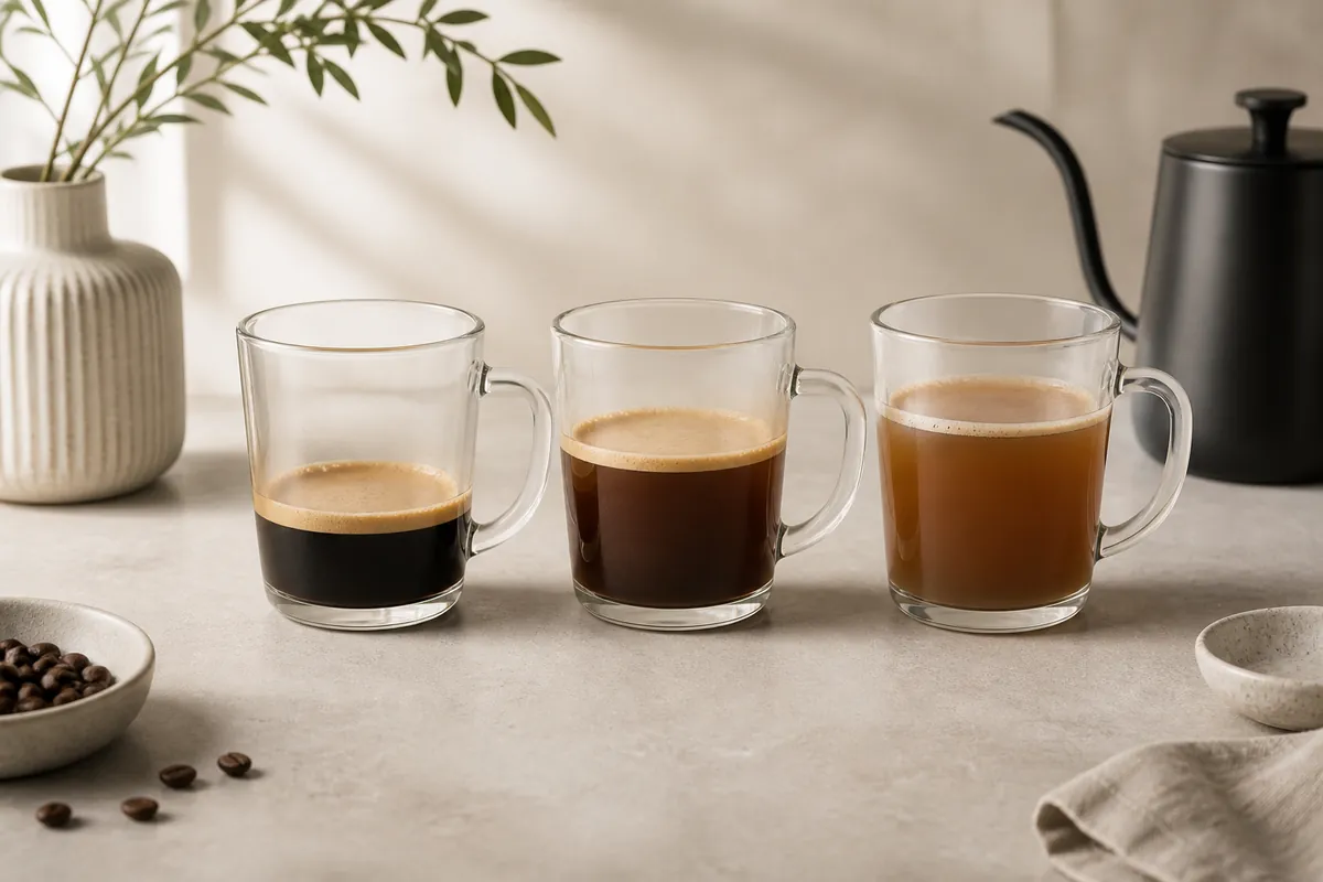 Three Americanos made from the same espresso with increasing measured amounts of hot water