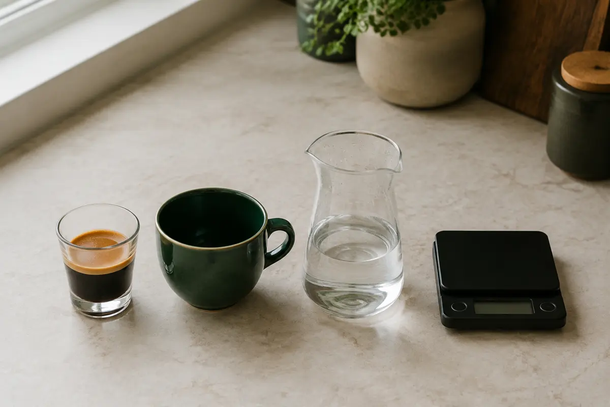 A double espresso, preheated green cup, measured hot water carafe, and coffee scale arranged in the order used for an Americano