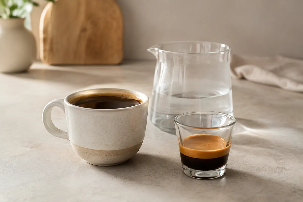 A ceramic Americano beside a measured carafe of hot water and a fresh espresso