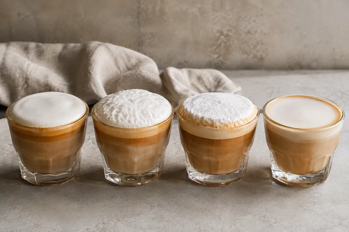 Three cappuccino surfaces showing glossy fine foam, large unstable bubbles, and a stiff dry foam cap