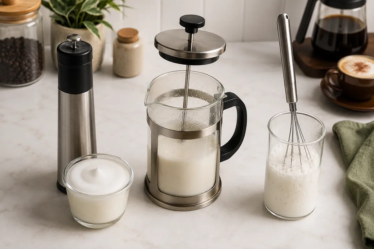 Electric milk frother, French press, and handheld whisk shown with their different warm-milk foam textures