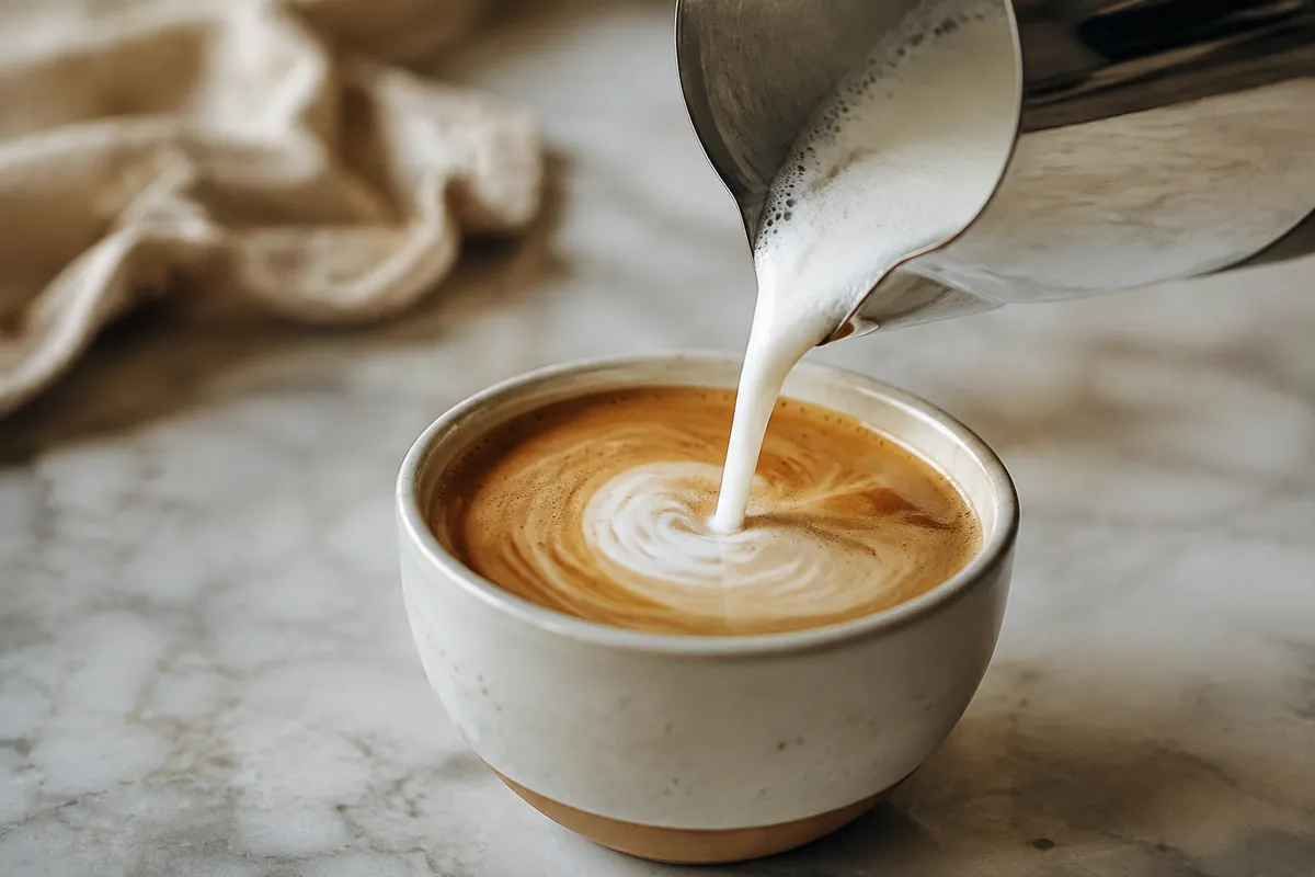 Glossy microfoamed milk pouring from a stainless pitcher into a small cappuccino cup