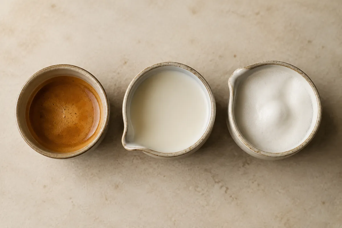 A cappuccino cup beside measured espresso and cold milk showing the starting proportions