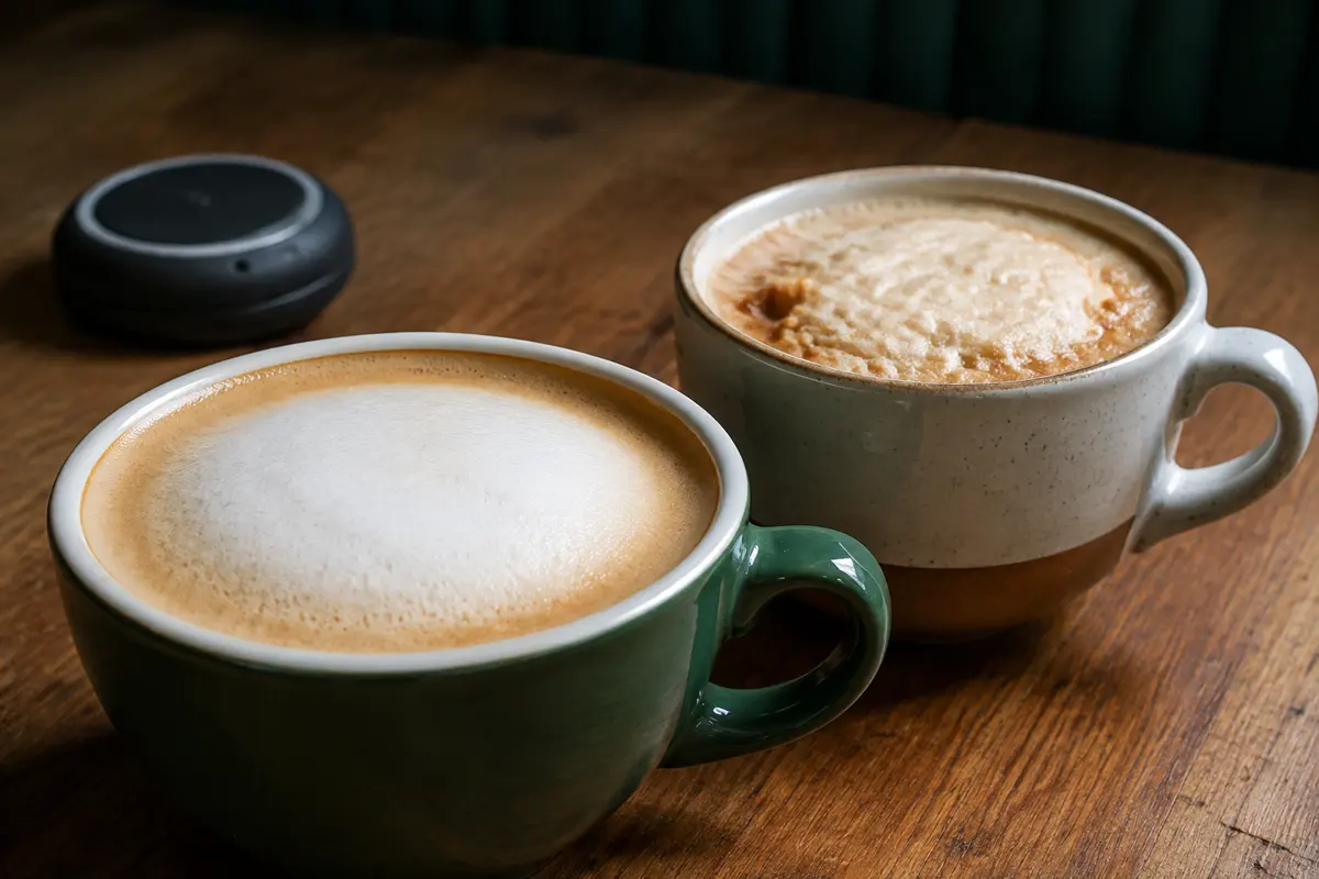 A fresh glossy cappuccino beside a second cup whose coarse foam has drained and separated after standing