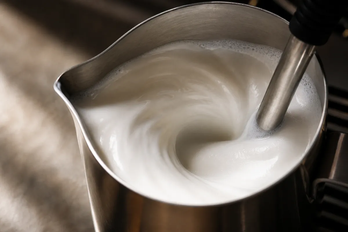 Cold milk rolling in a stainless pitcher around a correctly positioned steam wand tip