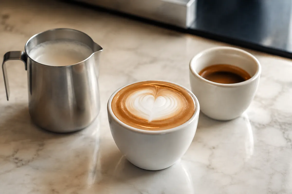 A small traditional cappuccino with glossy integrated microfoam beside a milk pitcher
