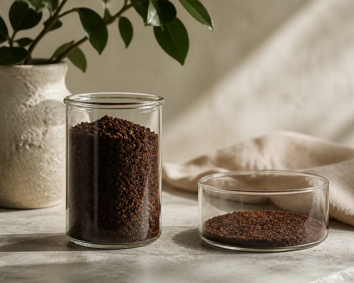 Two glass jars side by side, the tall narrow one holding a deep packed layer of wet coffee grounds and the wide one holding a thin even layer
