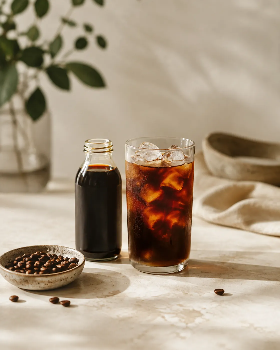 A small bottle of near-black coffee concentrate beside a tall glass of the same coffee cut with water over ice, on a pale stone surface