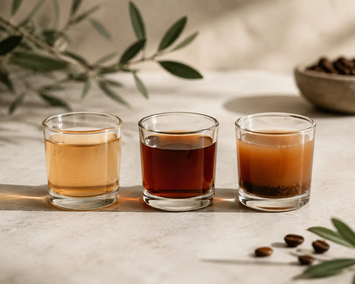 Three small glasses of cold brew in a row, one pale and watery, one deep brown and clear, one cloudy with sediment settled at the bottom