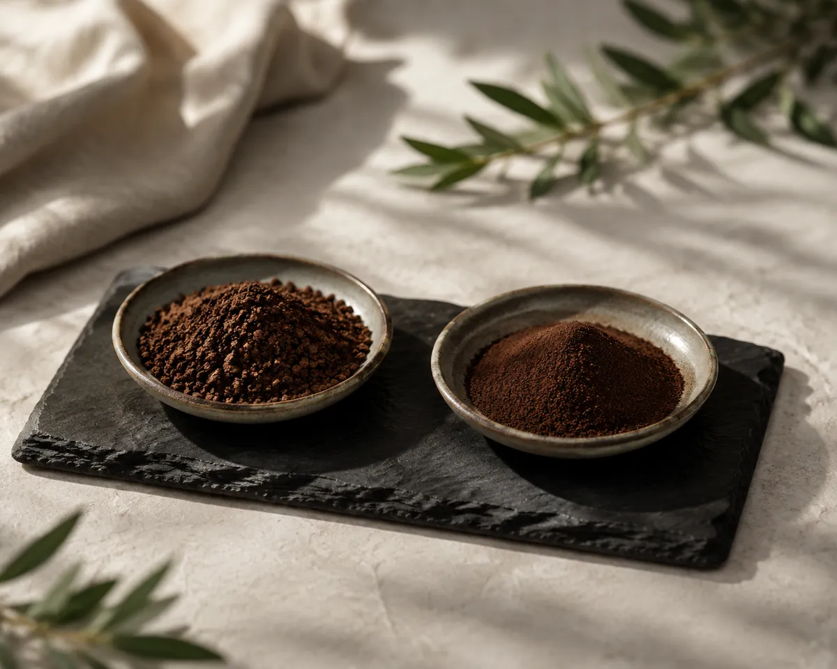 A shallow dish of very coarse coffee grounds beside a finer dish of the same coffee, both on dark slate under raking light