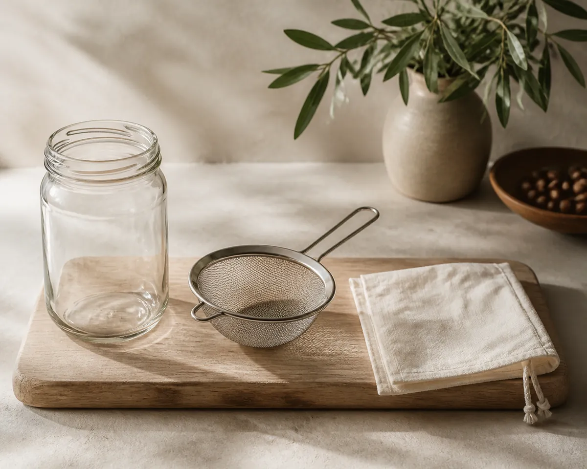 A glass jar, a stainless mesh sieve and a folded cotton filter bag laid out side by side on a wooden board