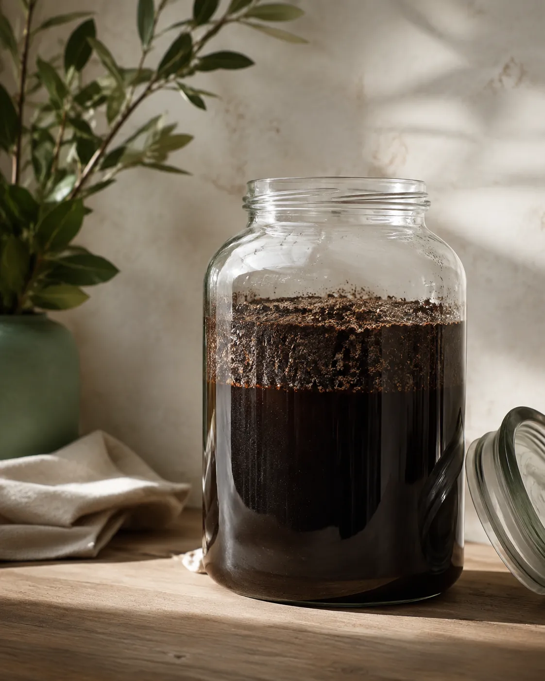 A large lidded glass jar of coarse coffee grounds steeping in cold water on a kitchen counter, the grounds settled in a dark layer at the base