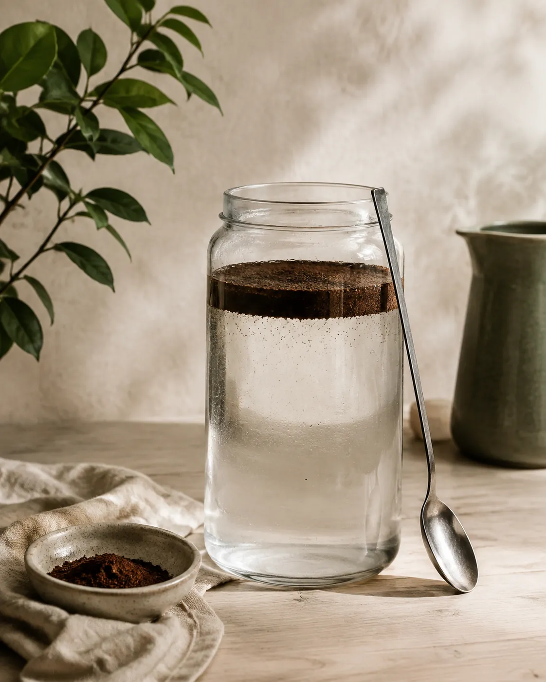 A tall glass jar of cold water with coarse coffee grounds floating in a raft on the surface and a long spoon resting against the rim