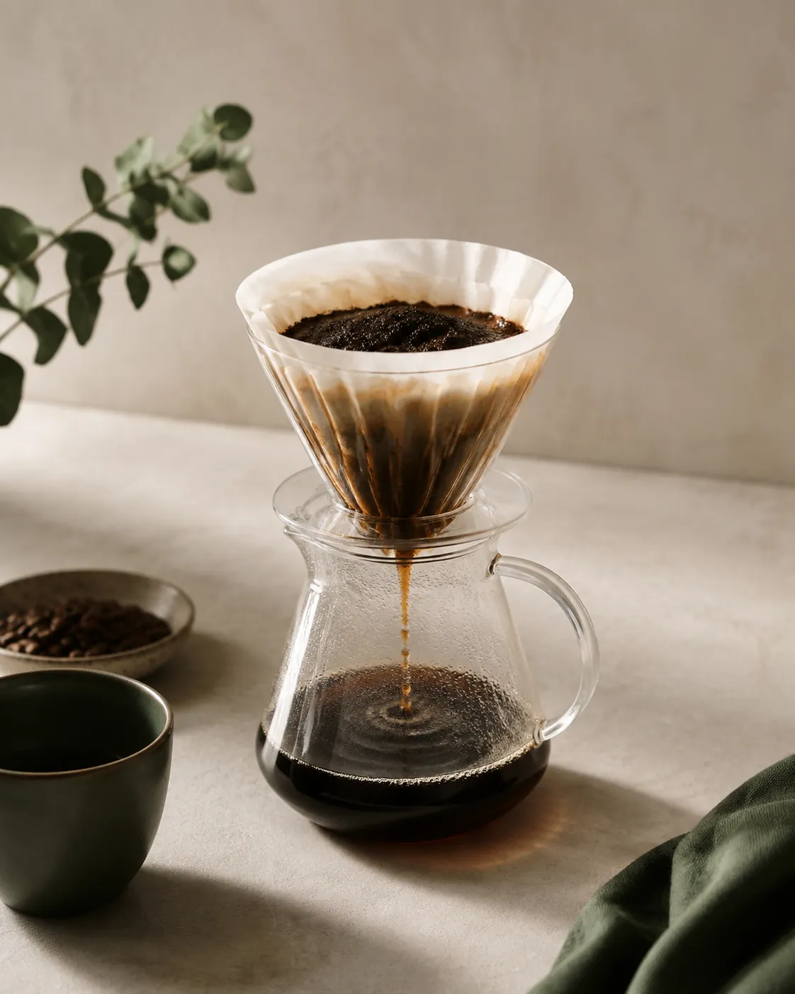 Dark coffee dripping through a paper filter in a cone into a clear glass carafe below, spent grounds heaped in the filter