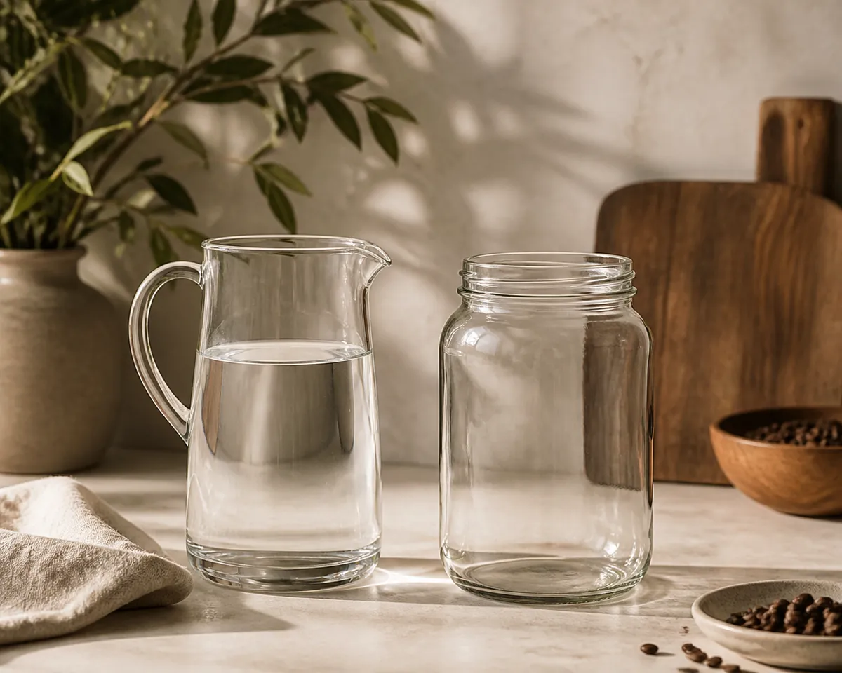 A glass jug of clear filtered water standing beside an empty brewing jar on a kitchen counter