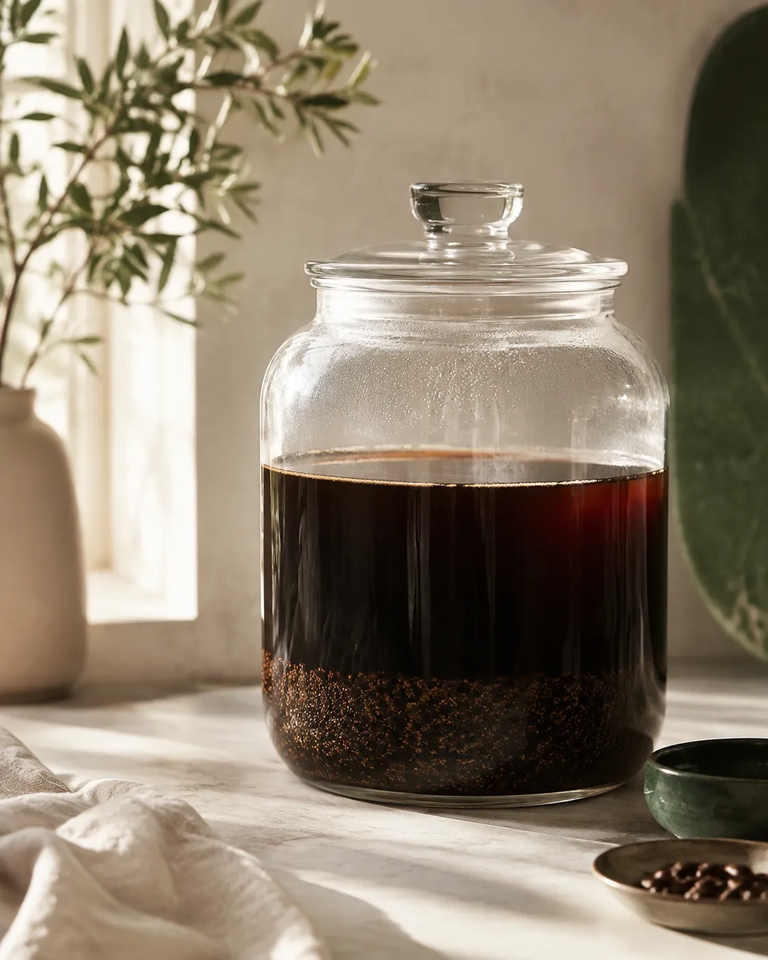 A large glass jar of coffee grounds steeping in cold water on a kitchen counter