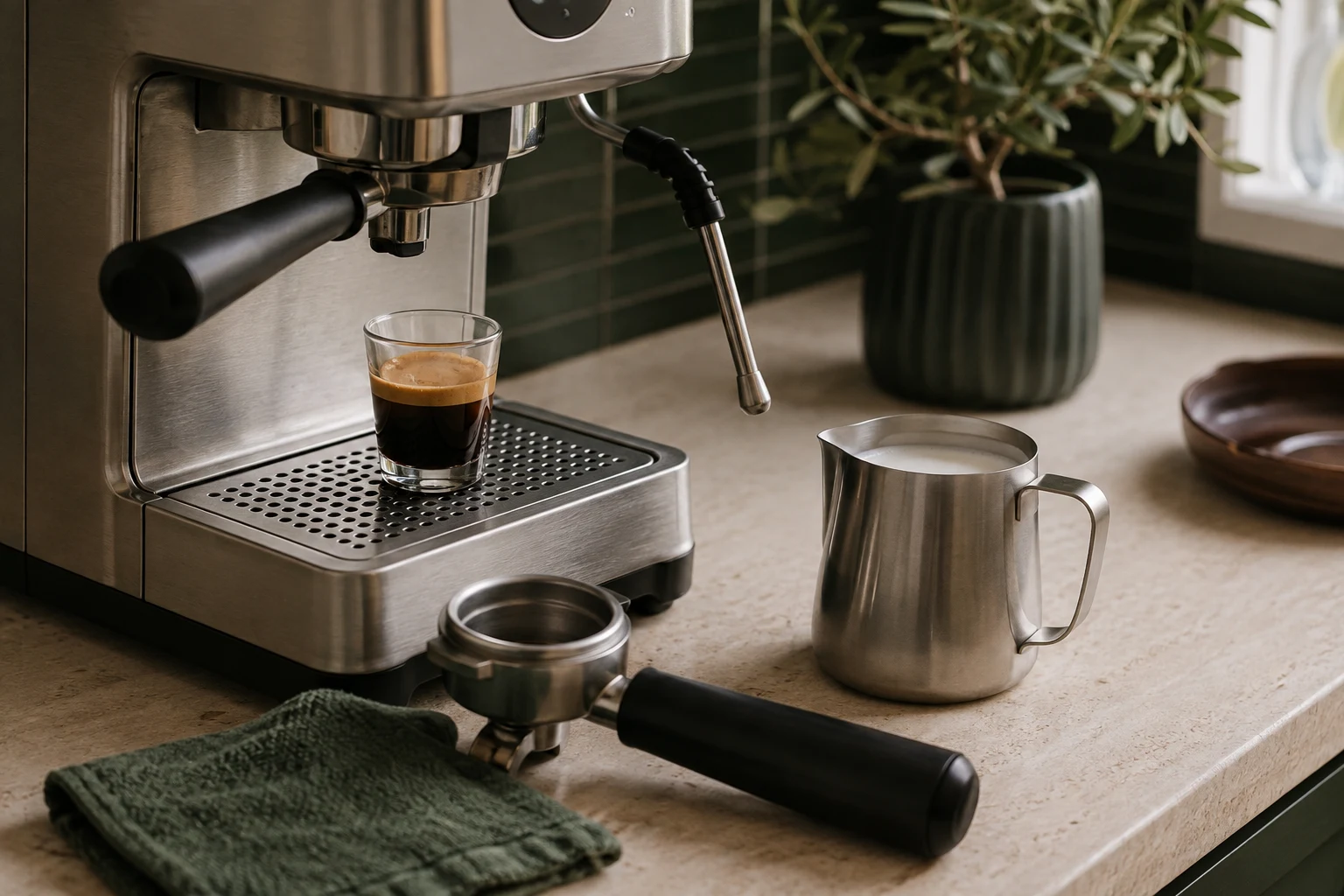 Home espresso station arranged with a prepared portafilter, measured milk, warm glass, and clean cloth