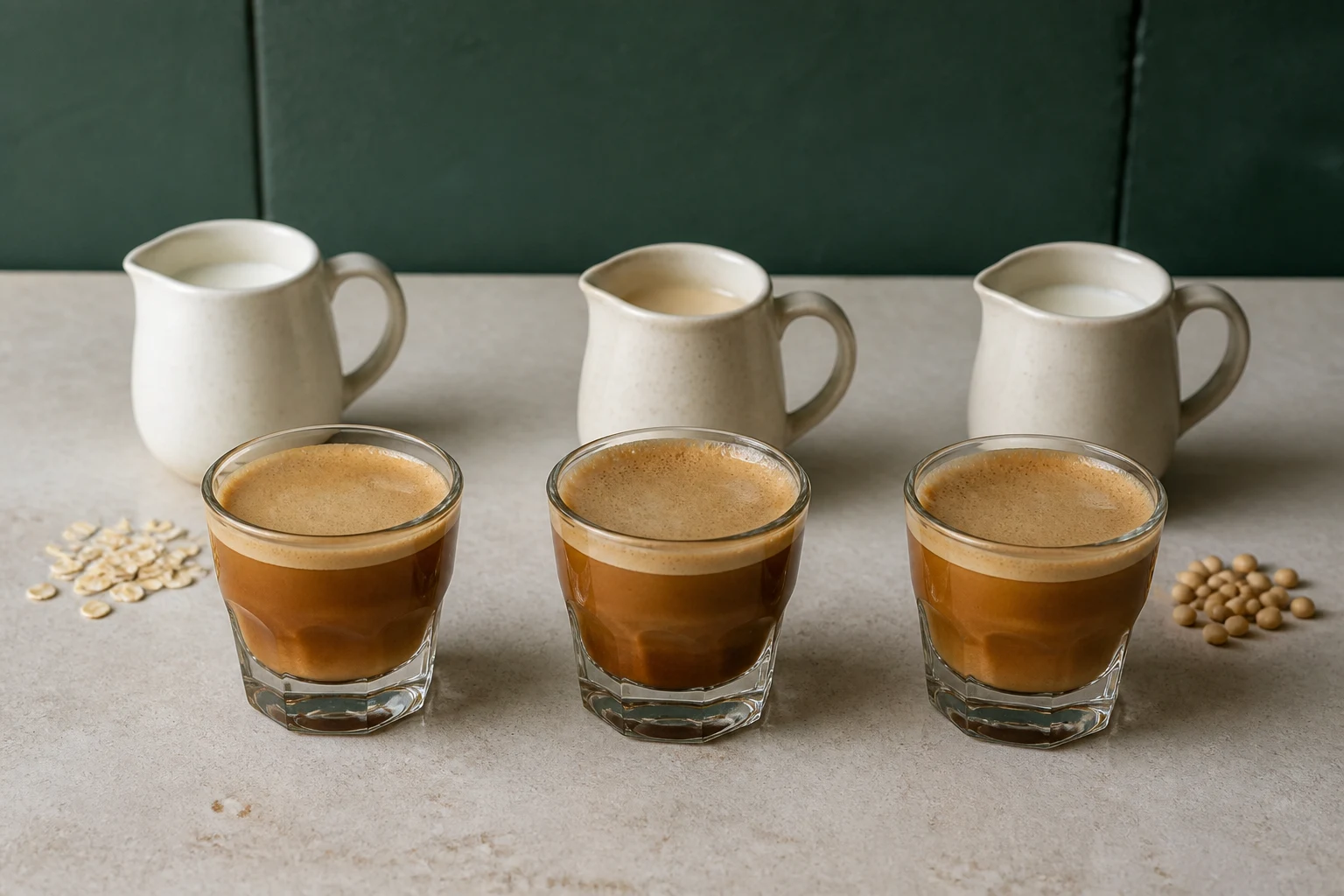 Small cortados made with dairy, oat, soy, and almond drinks showing different integrated textures
