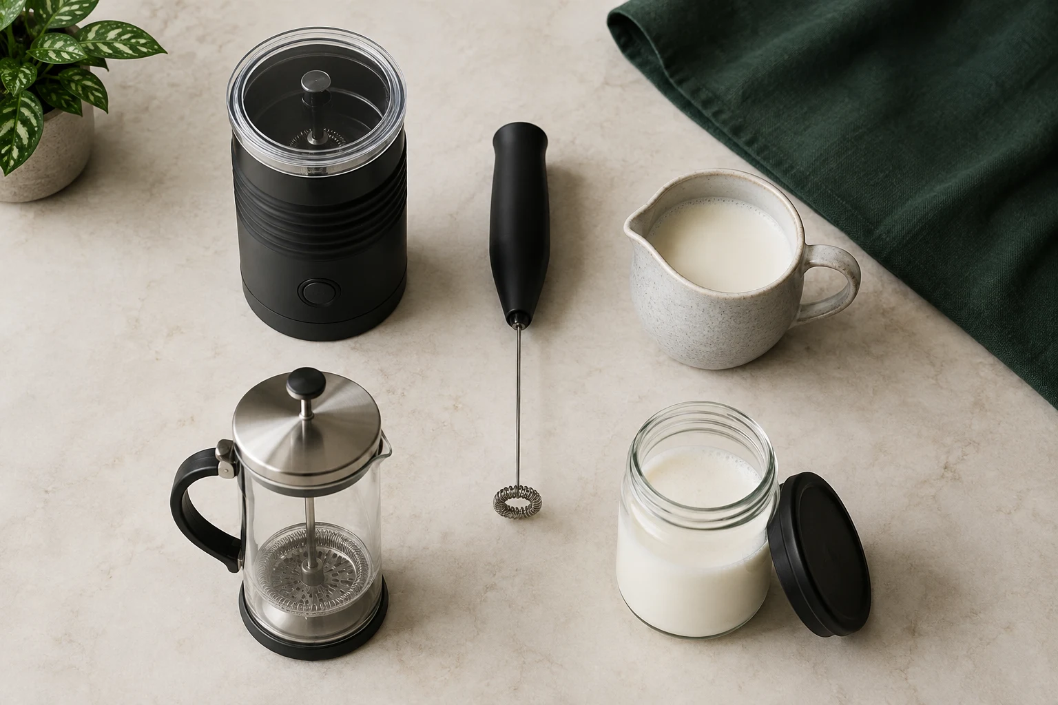 Handheld milk frother, French press, and automatic frother arranged beside a small cortado-style drink