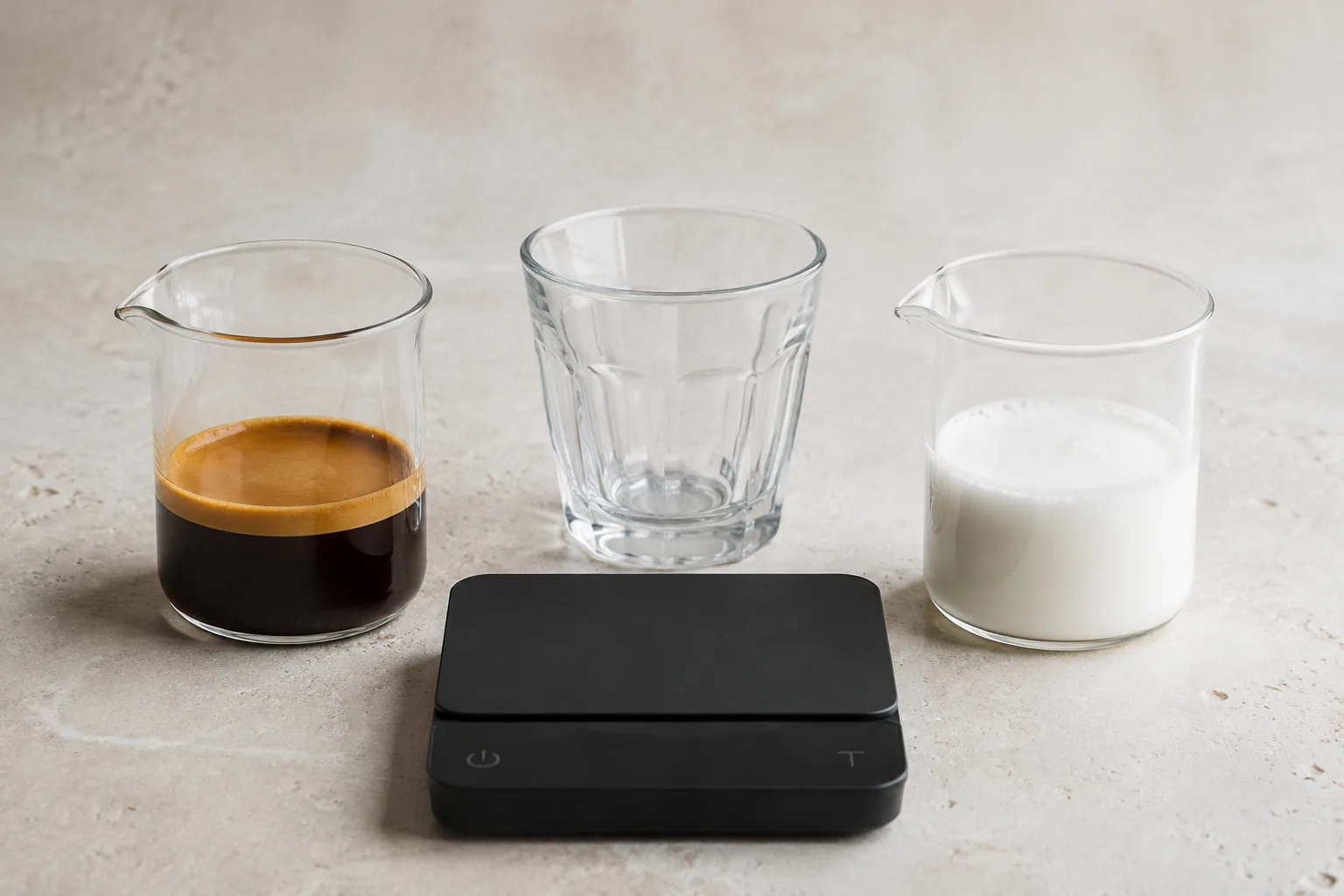 A cortado glass between equal visible portions of espresso and glossy steamed milk