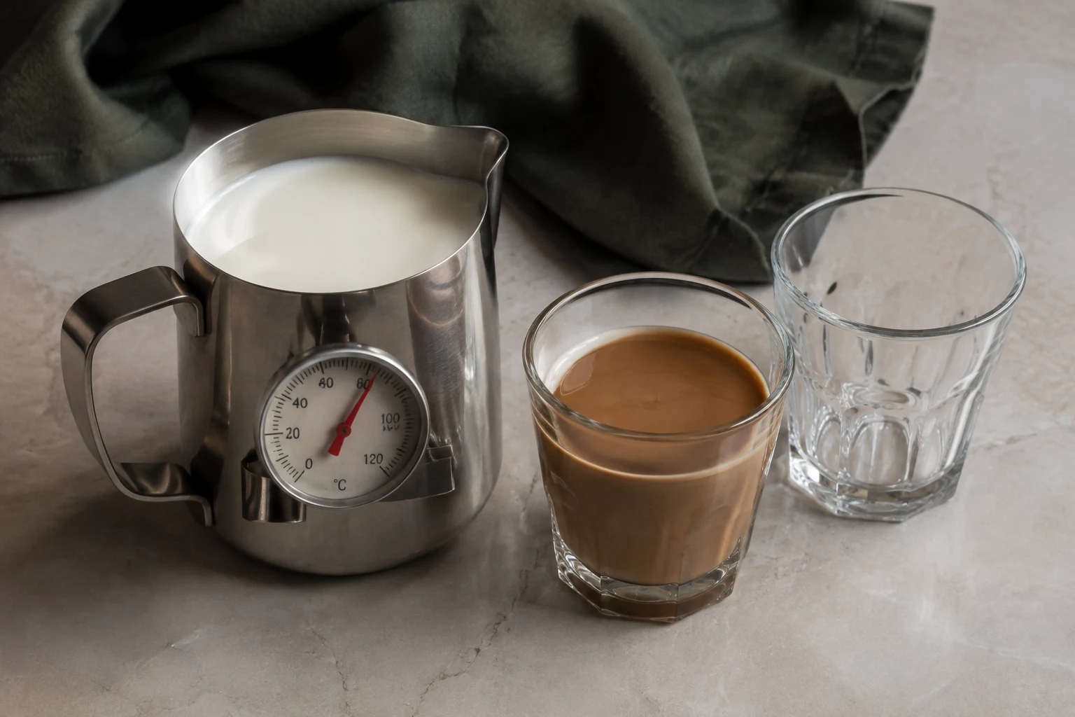 Milk pitcher with a thermometer beside a small pre-warmed cortado glass