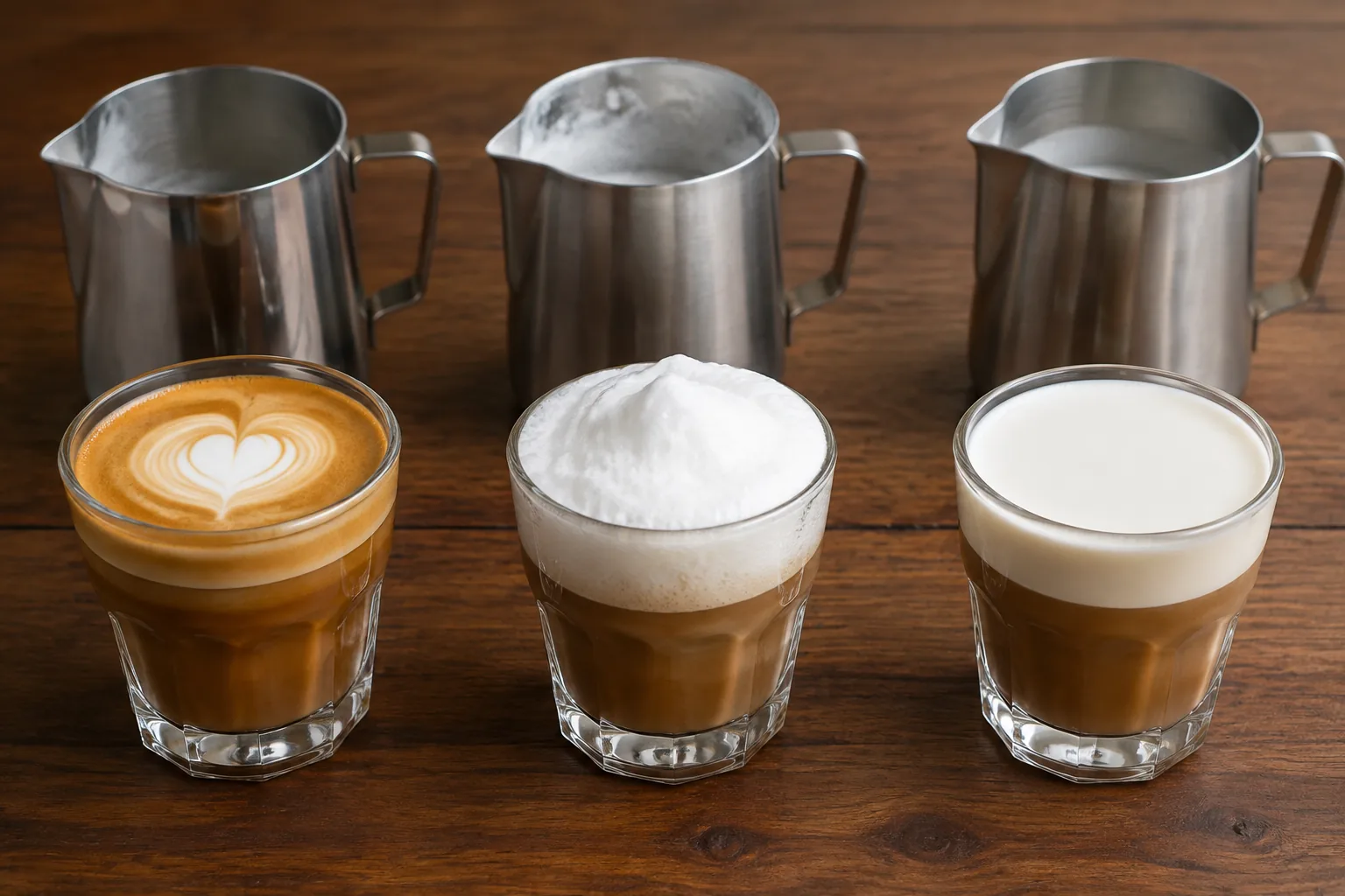 Three small coffee glasses showing thin microfoam, overly dry foam, and flat hot milk